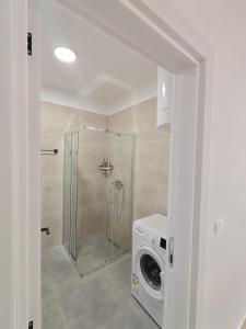 a bathroom with a shower and a washing machine at DS apartments in Golem