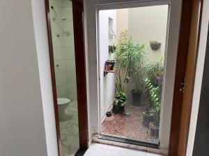 a bathroom with a mirror and a toilet and plants at Casa para temporada em SRN in São Raimundo Nonato +1 photo