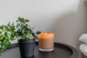 a candle on a table with a potted plant at Central Studio I by Elys Collection in Rovaniemi