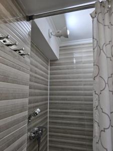 a bathroom with a shower with a shower curtain at La'Mansarda in Chişinău
