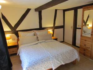 a bedroom with a large bed and a mirror at Sabershausen Landhof Sonne in Sabershausen +148 photos