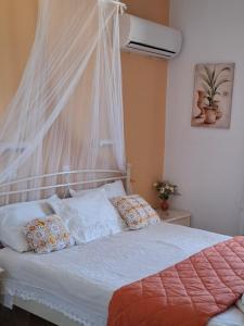 a bedroom with a bed with a mosquito net at Christina Pansion in Kokkari