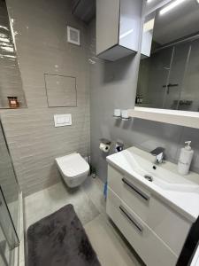 a bathroom with a white sink and a toilet at Modern Oasis in Nová Lesná +38 photos