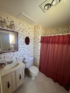 a bathroom with a toilet and a red shower curtain at Strawtown Inn & Events in Pella +88 photos