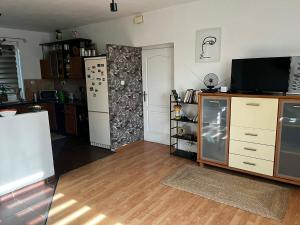 a kitchen with a refrigerator and a tv on a counter at Útulný dom blízko Košíc in Sokoľany