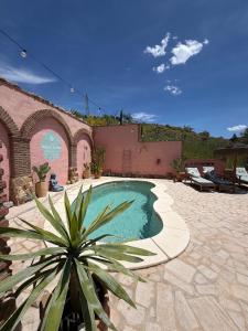 a swimming pool in a patio with a plant at Casita Malacitano, Caminito del Rey in Valle de Abdalagís
