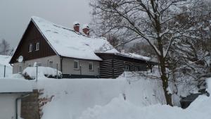 チェルニー・ドゥールにあるChalupa Krkonošeの雪屋根の家