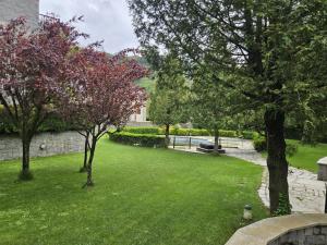 a green yard with trees and a stone wall at La Buhardilla - Benasque in Benasque +5 photos
