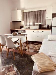a kitchen with a table and chairs in a room at Alkisti's seaside apartments in Pythagoreio +21 photos