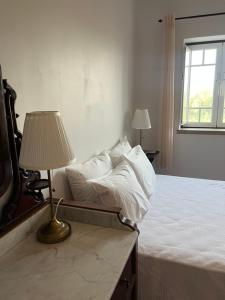 a white bedroom with a bed and a lamp at Casa do Cardal in Casével