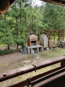 a grill and picnic table in a yard with trees at Domek letniskowy in Rogówko +4 photos