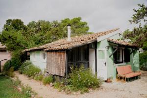 a small green house with a chair in front of it at Casa Lucia Green Cottage in Corfu
