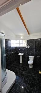 a black tiled bathroom with a toilet and a sink at Paralelo46 in Chile Chico