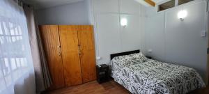 a bedroom with a bed and a wooden cabinet at Paralelo46 in Chile Chico