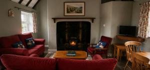 a living room with red furniture and a fireplace at Wild Rowan Cottage - 2 Bedroom in Louisburgh