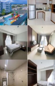 a collage of four pictures of a bedroom with a pool at Apartment BSB pentapolis 3 Bedroom in Stalkudo
