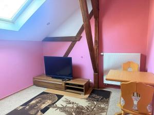 a living room with a tv and a pink wall at Ferienhaus Jamshidi in Waren