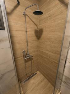 a shower with a glass door and a shower head at Old Luxury Stone House Armou in Armu +14 photos