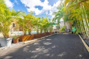 a driveway with palm trees and a swimming pool at Villa Ti'Palm in Saint-François