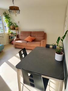 a living room with a table and a couch at Charmant T2 in Embrun