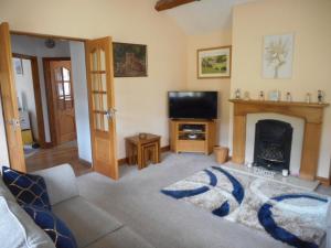 a living room with a couch and a fireplace at Dripshill Lodge in Severn Stoke