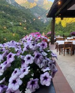 a bunch of purple flowers on a patio with mountains at Hotel Al Verde in Mandello del Lario