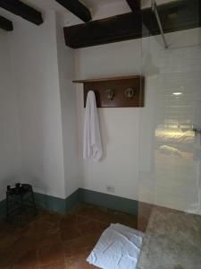 a bathroom with a glass shower and a towel at La Baita di Lusso Bagnone in Bagnone