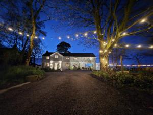 a white house with christmas lights on a driveway at Brackengarth House in Purdysburn