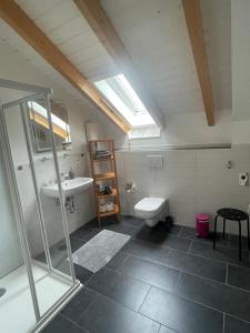 a bathroom with a toilet and a sink at Ferienwohnung Bad Camberg - Apartment Weisse Graeben in Bad Camberg +22 photos