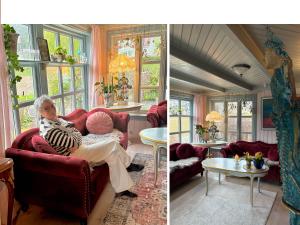 a man sitting on a couch in a living room at Villa Solvorn in Solvorn +56 photos