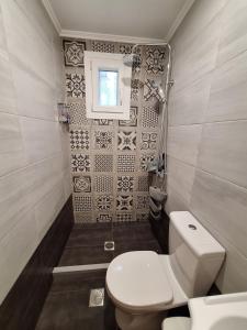 a small bathroom with a toilet and a window at Chios Flower House in Agia Ermioni +9 photos