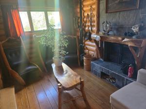 a living room with a table and a fireplace at Tranan' in Karlsborg