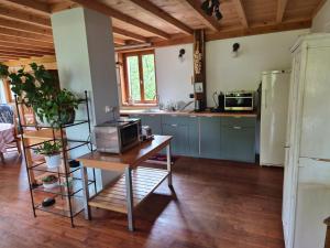 a kitchen with blue cabinets and a microwave on a table at Le Rucan Maison atypique in Montastruc-de-Salies