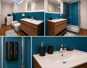 two pictures of a bathroom with two sinks and a toilet at I Masselli Home - Appartamento in villa in Trezzano sul Naviglio
