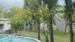 a view of a yard with trees and a swimming pool at Sheetal Resort and Restaurant in Rudraprayāg