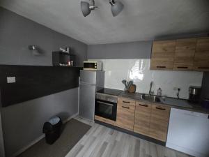 a small kitchen with wooden cabinets and a sink at Apartment Schneider in Höxter