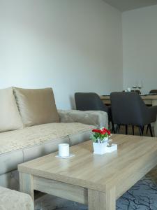 a living room with a couch and a coffee table at Nada Apartman in Prijedor