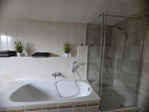 a bathroom with a shower and a bath tub at Apartment Schneider in Höxter +4 photos