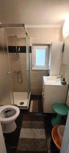 a bathroom with a toilet and a shower and a sink at Hattyú Vendégház in Gárdony +29 photos