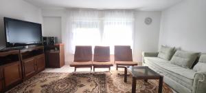 a living room with a couch and a tv at Hattyú Vendégház in Gárdony