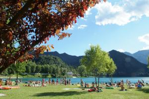 a group of people sitting on the grass near a lake at Al Sole Apartment in Locca