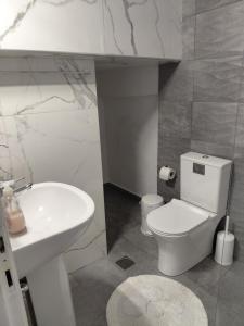 a bathroom with a white toilet and a sink at Neptune Resort in Kavos +20 photos