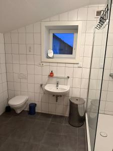 a bathroom with a sink and a toilet and a window at Monteurwohnung in Runkel +14 photos