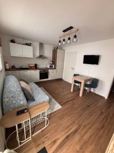 a living room with a couch and a table at Chez Baron in Hauterive
