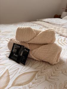 a towel on top of a bed with a book at Chez Baron in Hauterive