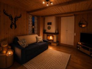 a living room with a couch and a fireplace at Le cocon beuillois in Beuil