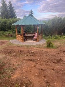two people sitting at a picnic table in a gazebo at Rastoder Ponor in Petnjica +1 photo
