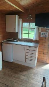 a kitchen in a log cabin with a window at Hjemstavnsgårdens Camping & Cottages in Glamsbjerg