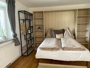 a bedroom with a bed with book shelves at CASA VIVA Panorama Suites in Villach