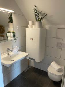 a white bathroom with a sink and a toilet at CASA VIVA Panorama Suites in Villach +40 photos